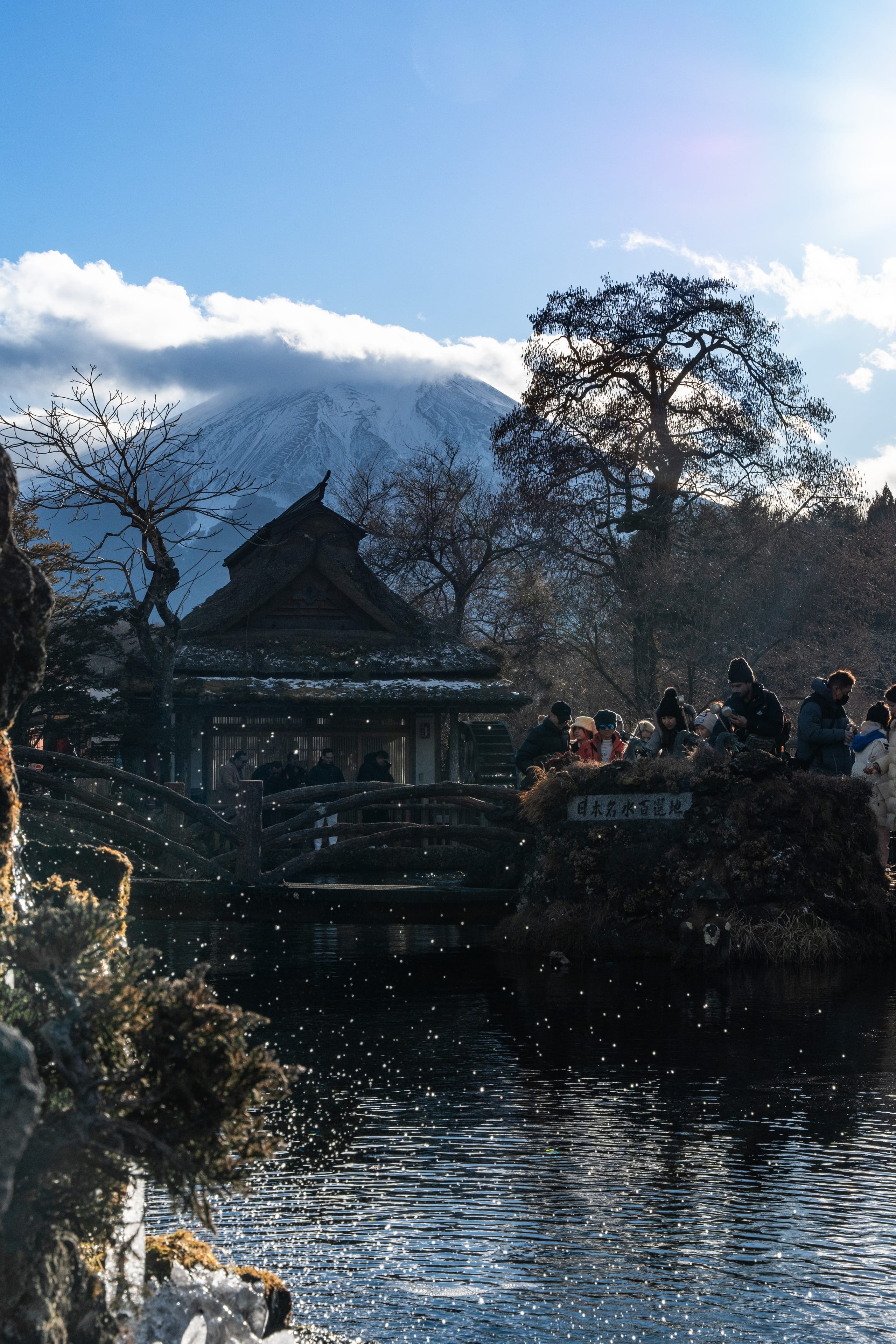 覆雪山峰从寺院屋顶和池塘后的树林间露出。