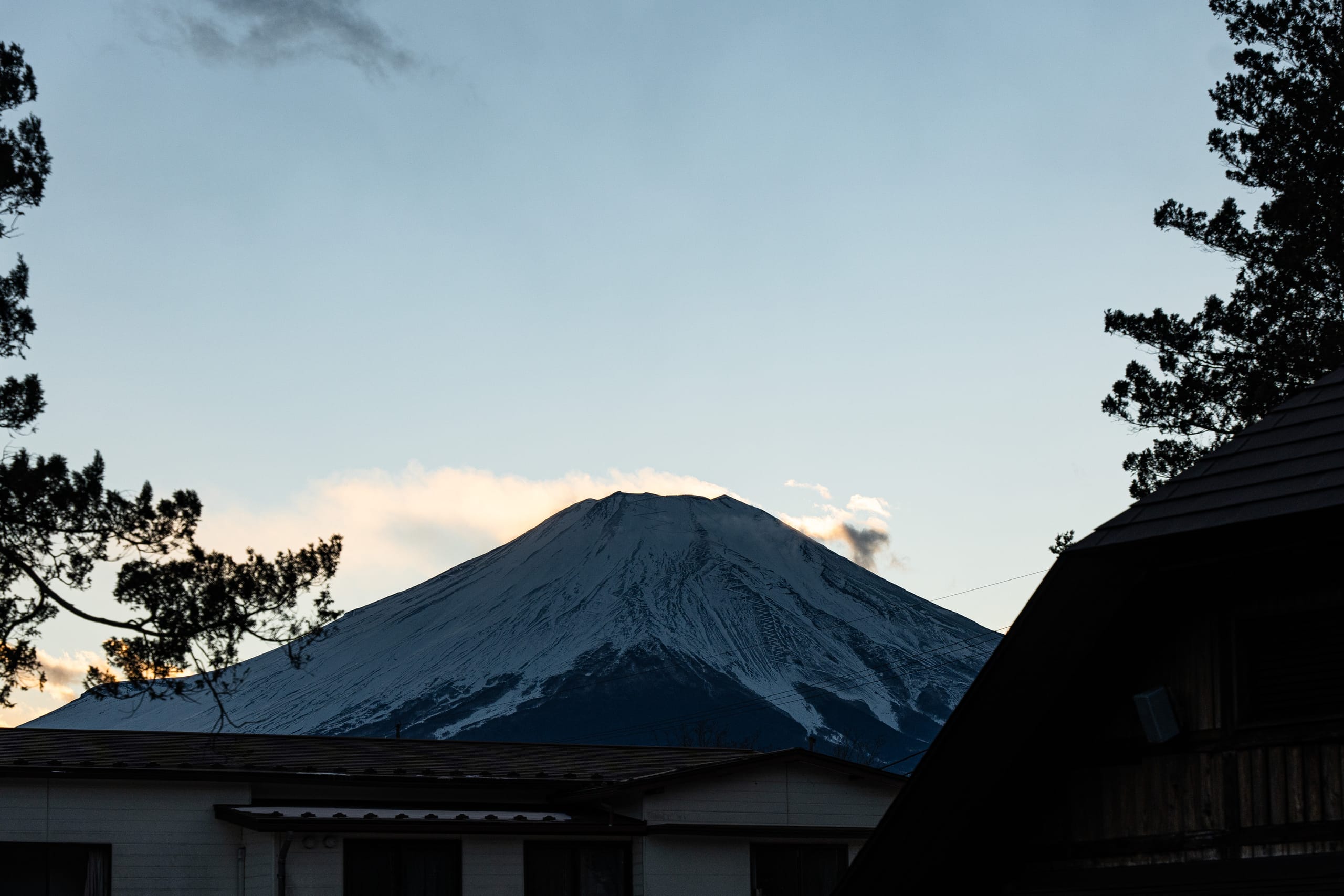 覆雪山峰高出深色屋顶与松树，天空清澈。