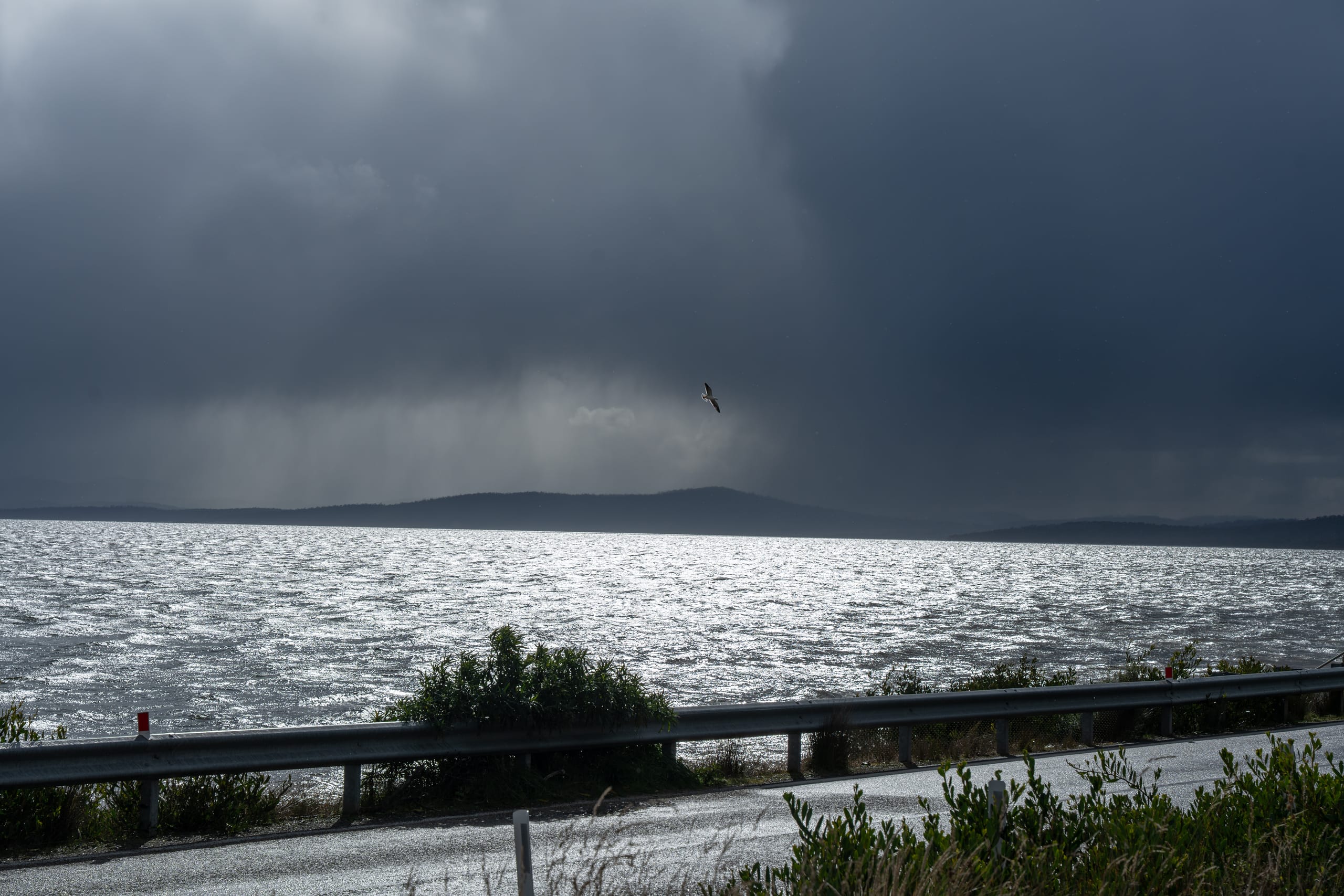 深灰暴雨云压在银亮海面上，远处雨幕连接海天。