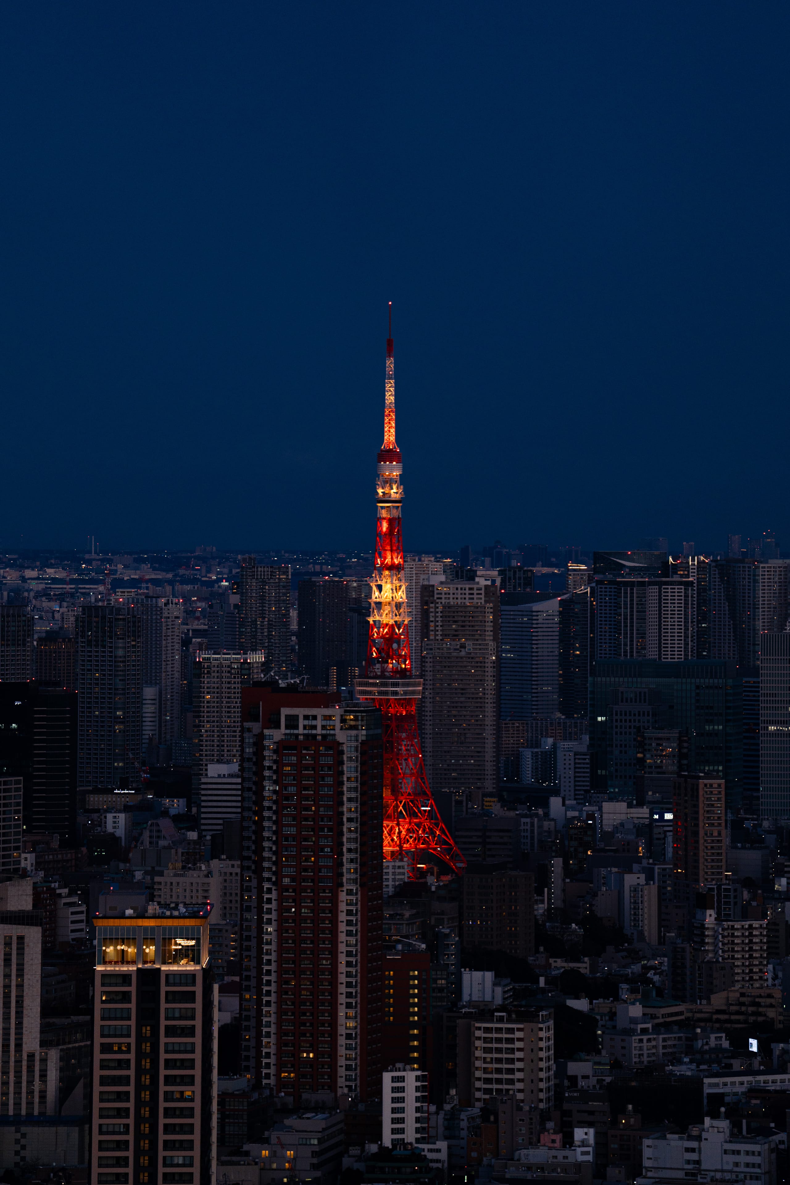 深蓝夜空下，一座橙红色高塔从城市中升起。