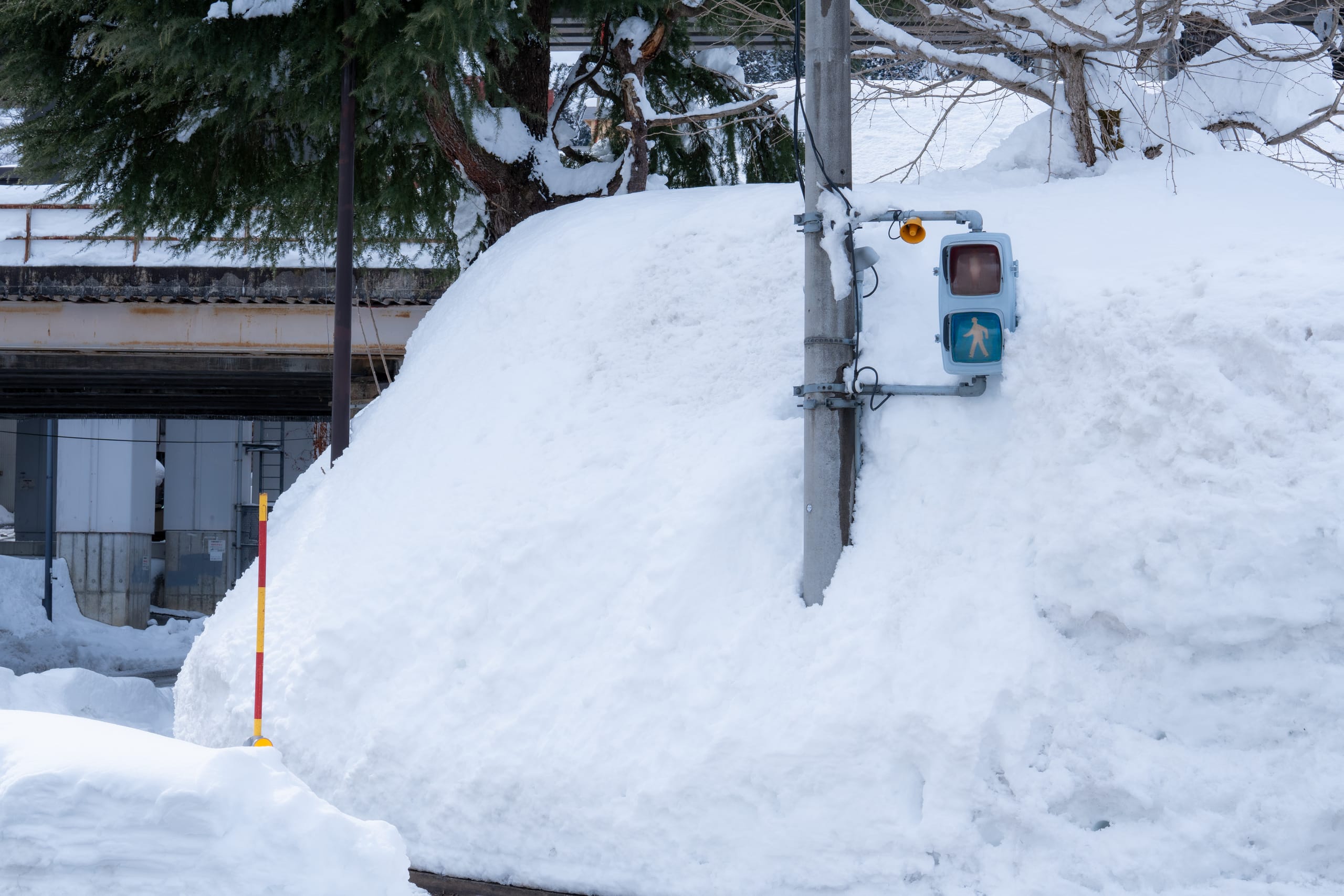 交通信号灯立在巨大雪堆旁，周围建筑被积雪遮住。