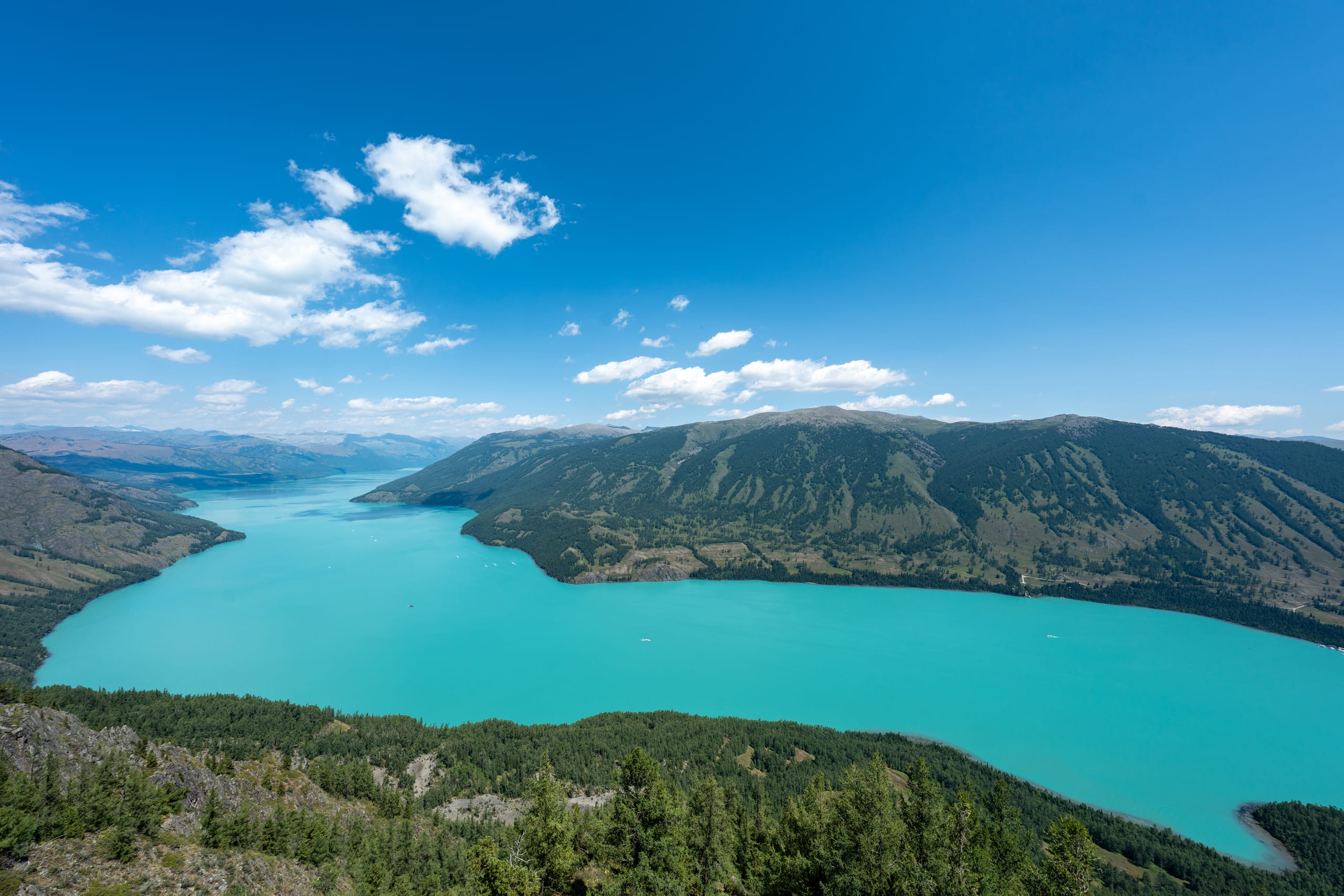 从观鱼台俯瞰喀纳斯湖，绿色湖面在群山间分成两道弯曲水湾。