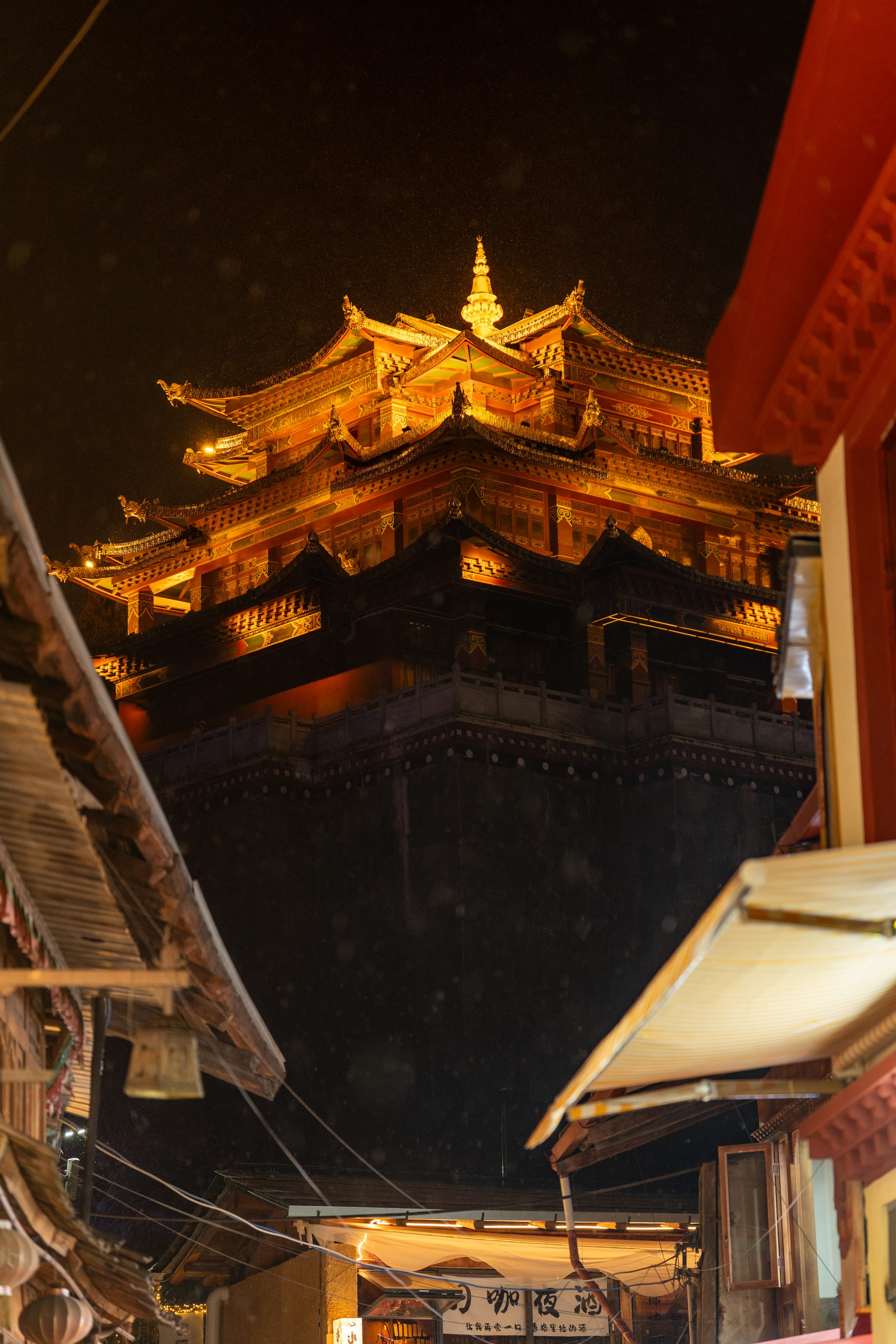 独克宗古城龟山公园的金色楼阁在雪夜中亮起，周围屋顶覆着积雪。
