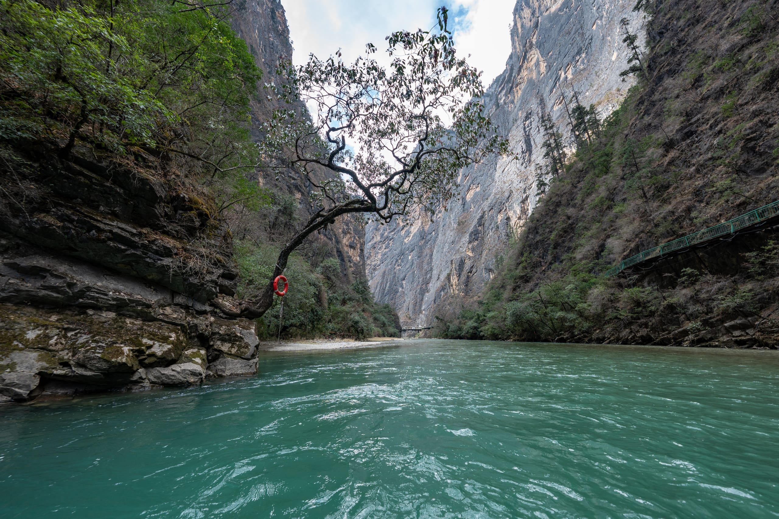 碧绿色河流流经香格里拉大峡谷，岸边树木与峭壁围合出弯道。